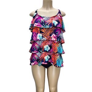 Your Best Look YBL Tiered Ruffle Tankini Swimsuit Womens 20 Tropical Floral Blue